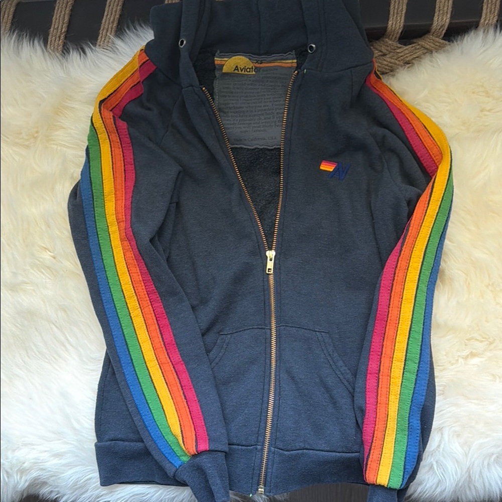 Aviator Nation Navy Zip Hoodie with Rainbow Sleeve Stripes